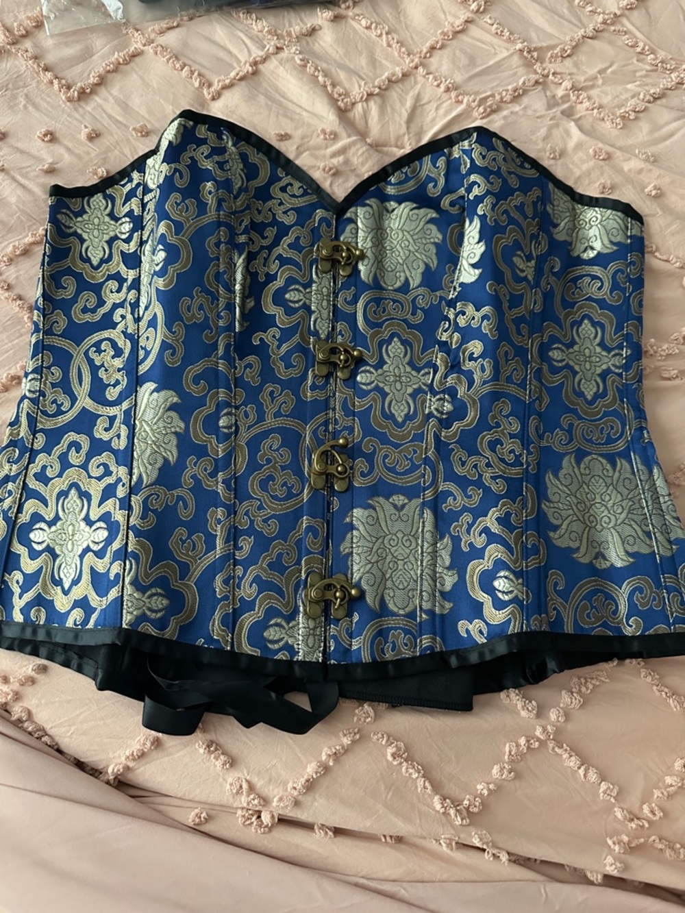 Blue Brocade Corset Top with Metallic Silver Pattern